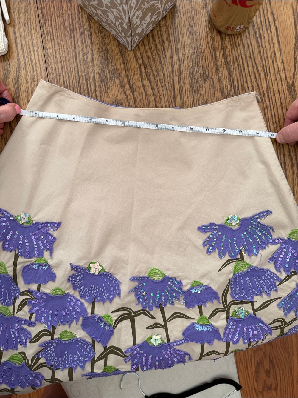 Basil + Maude Beige A-Line Skirt with Purple Floral Appliqué - Picture 14 of 14